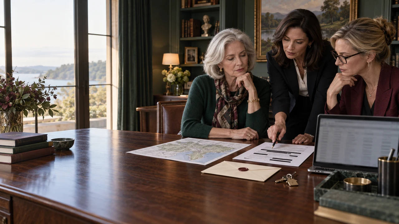 A widowed homeowner reviews a redacted privacy plan, property map and household-security controls with her attorney and privacy adviser.