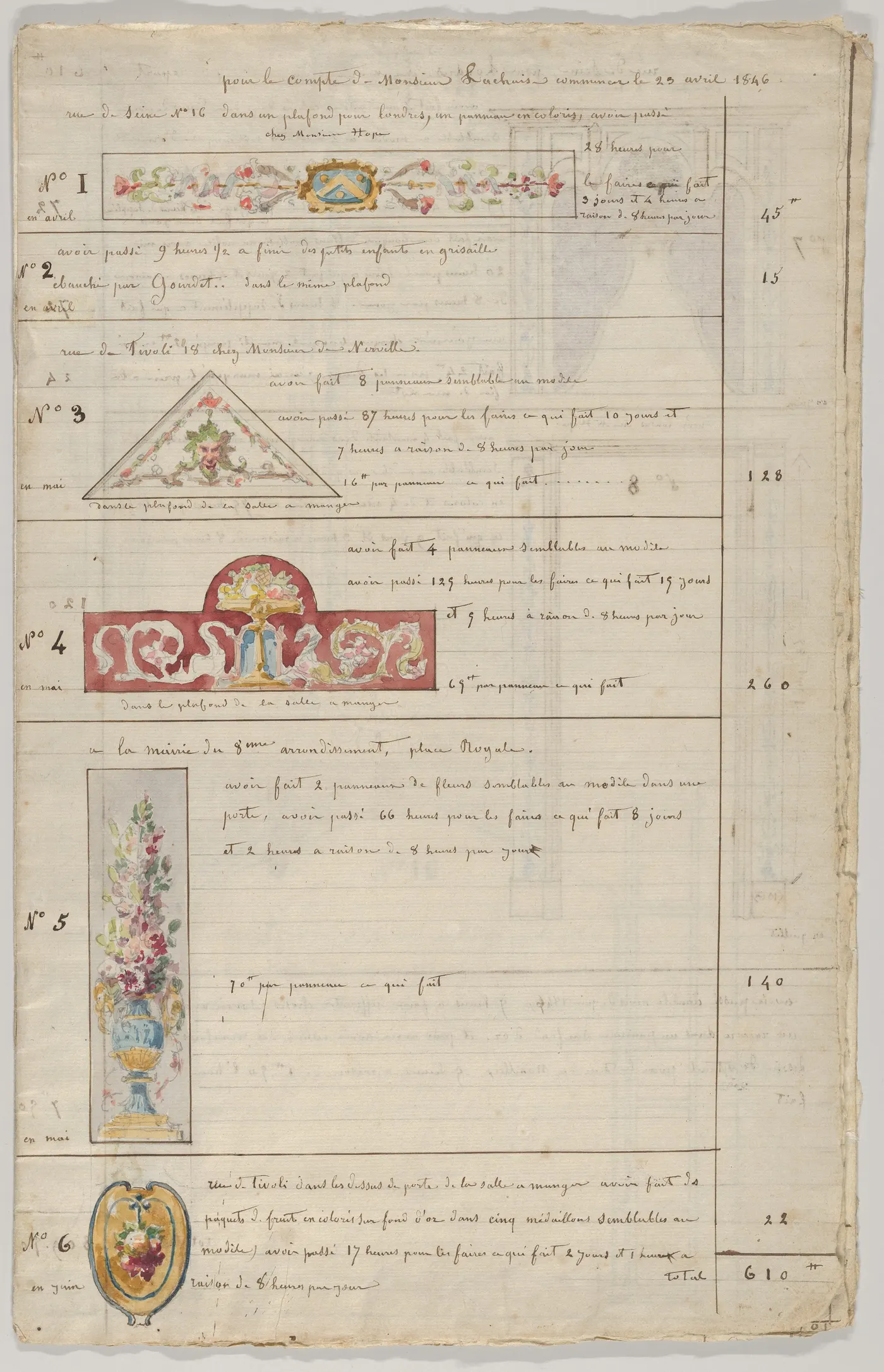 A handwritten French account book page records hours, numbered projects, decorative sketches, and amounts in ruled columns