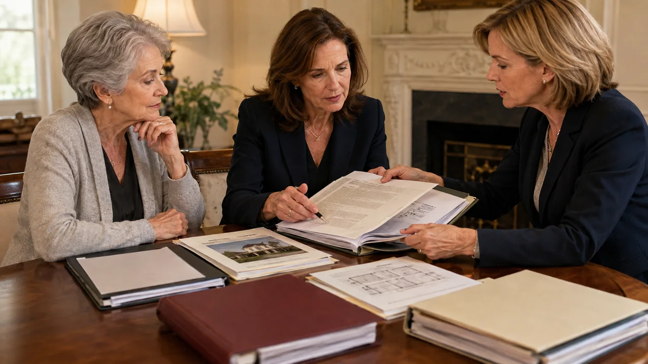 A widow, trust attorney, and title professional compare a home's deed with trust, insurance, mortgage, and occupancy records