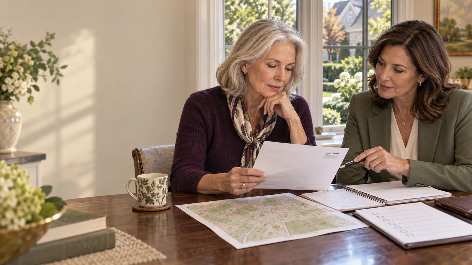 A widow and housing counselor review a property assessment, parcel map and application checklist at home.