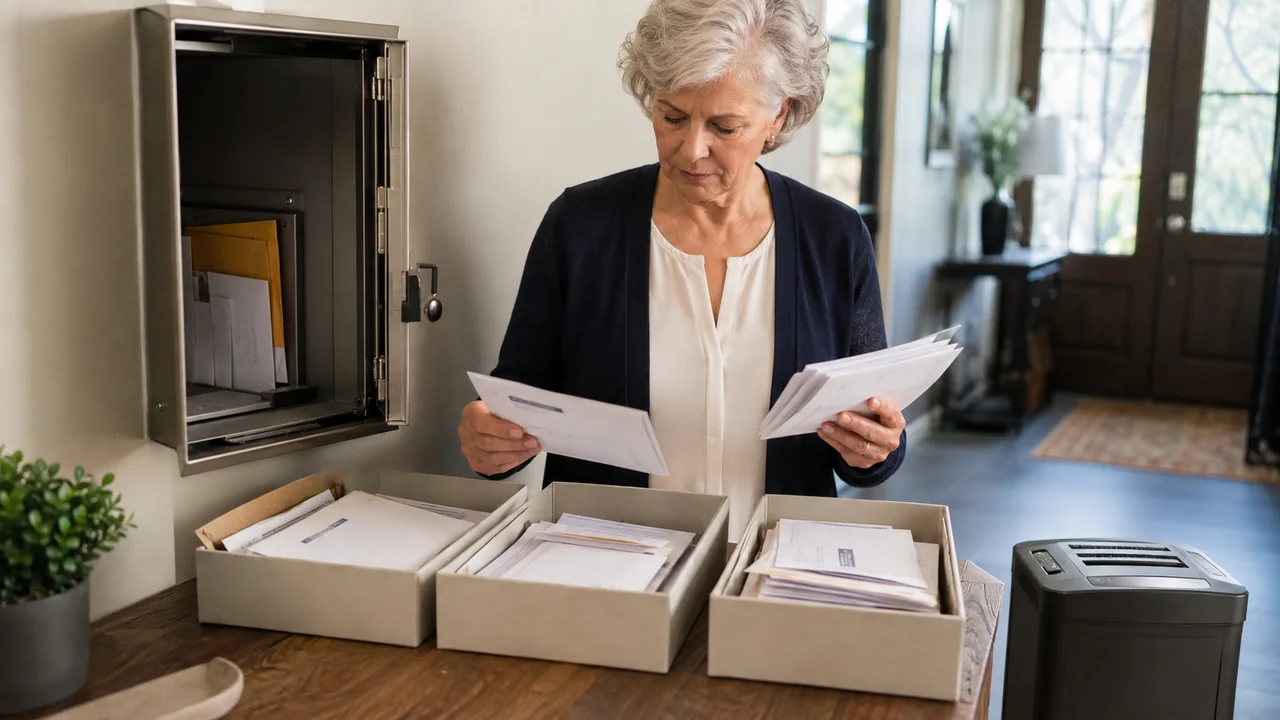 A mature widow securely sorts official, suspicious, and executor mail beside a locked document cabinet.