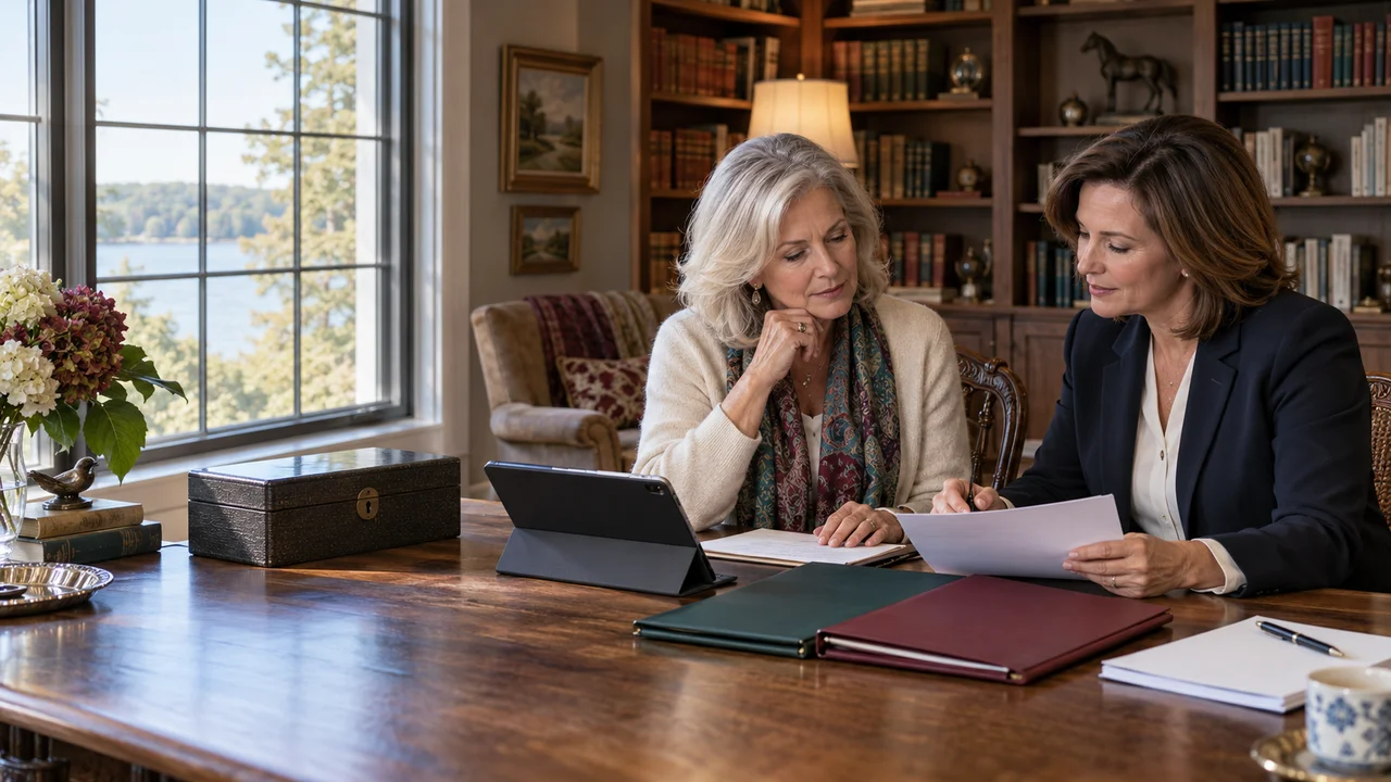 A widow and estate-planning attorney review separate financial and health-care folders beside a secure document box.