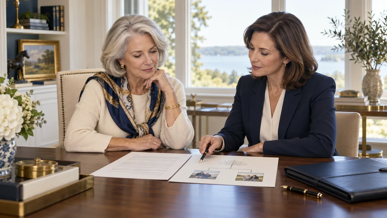 A widowed woman and an estate attorney review a trust document and a two-branch family diagram at a home-office table.