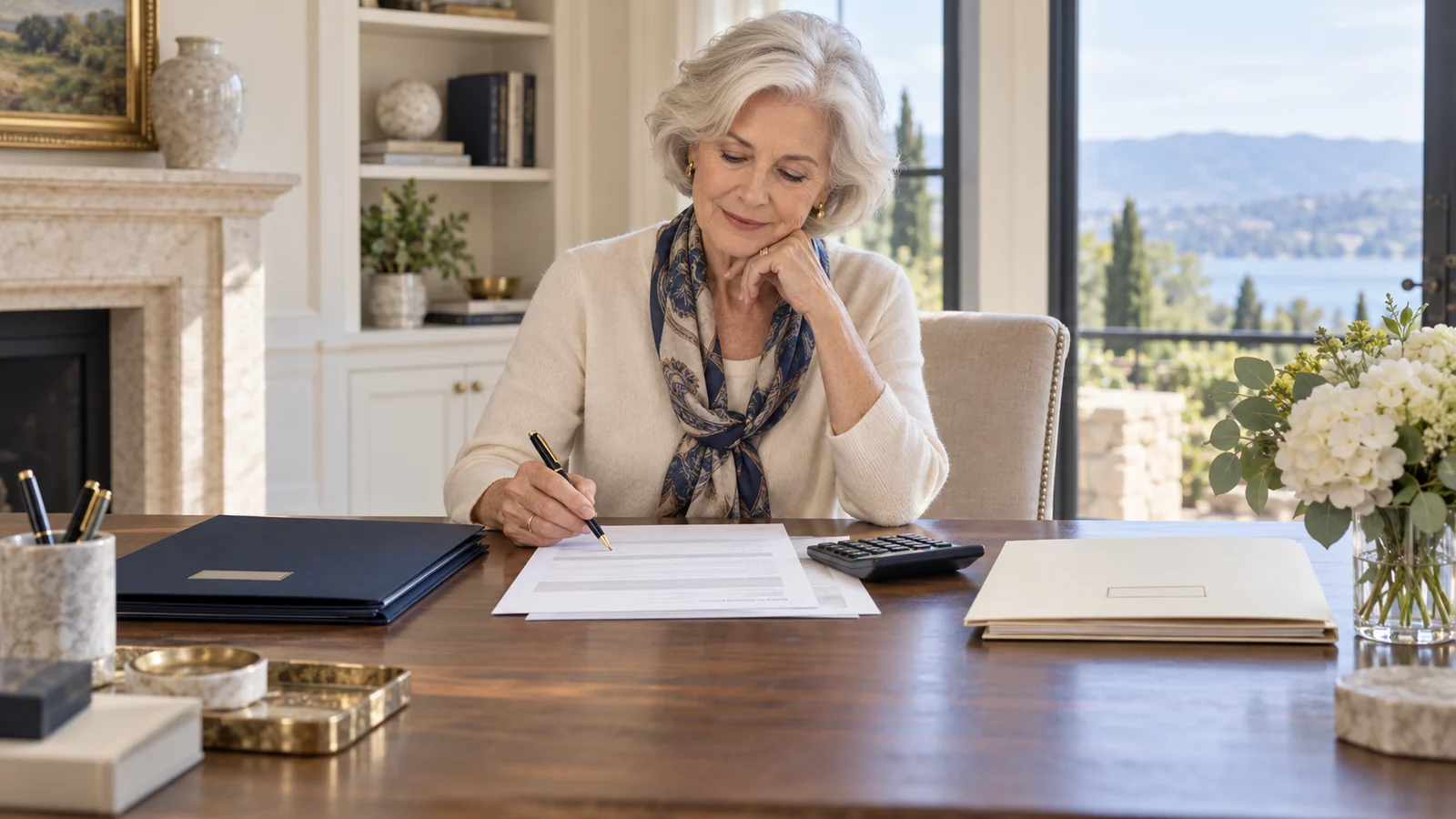 An older woman reviews a charitable distribution form beside organized folders, a calculator, and a vase of flowers at her home desk.