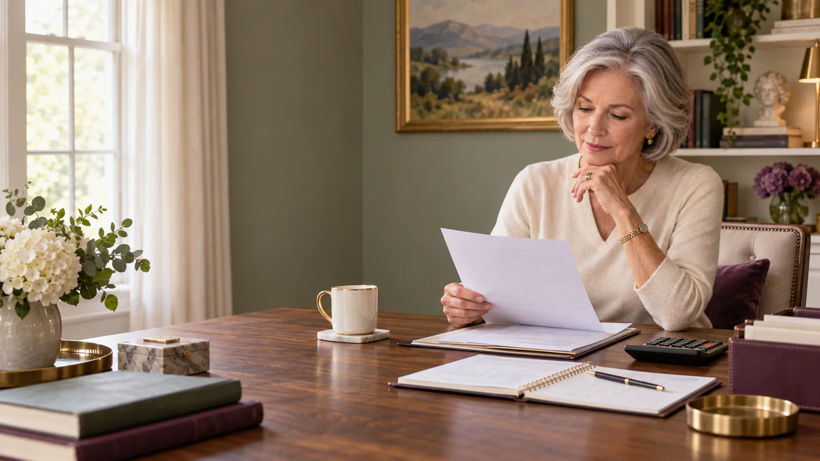 A mature widow calmly reviews a benefits decision letter with a calculator, calendar, and organized records at a walnut desk