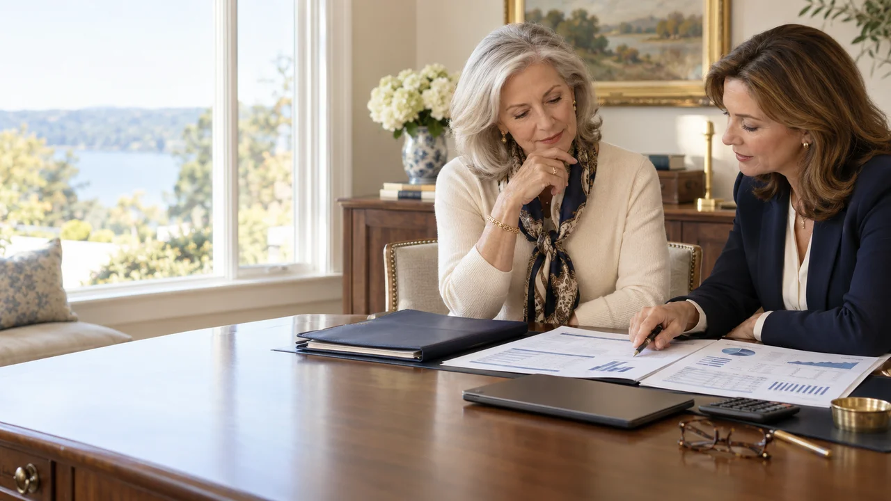 A widow reviews a brokerage statement with a financial adviser at a home-office desk.