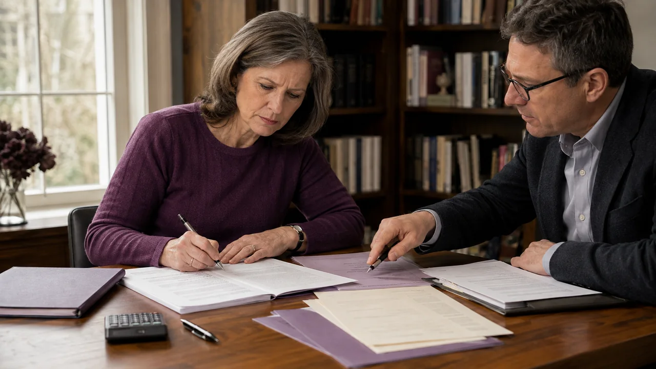 A widow and independent reviewer examine separate pages covering the fees, risks, conflicts, and exit terms of a recommendation.