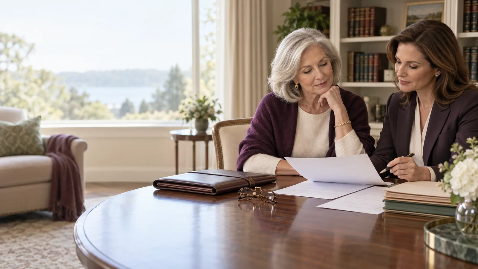 A mature widow and estate attorney calmly review a will and asset worksheet in a home library