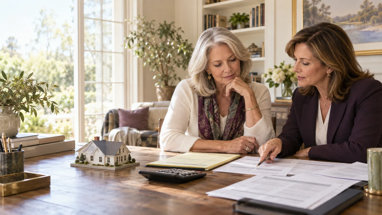 A mature homeowner and an independent housing counselor comparing home-equity documents beside a model house.