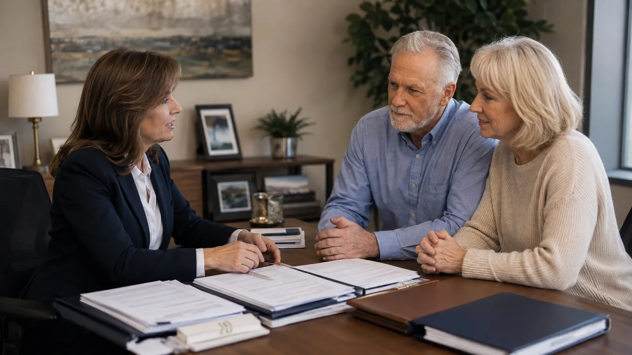 Mature engaged couple reviewing benefit and estate documents with an independent attorney