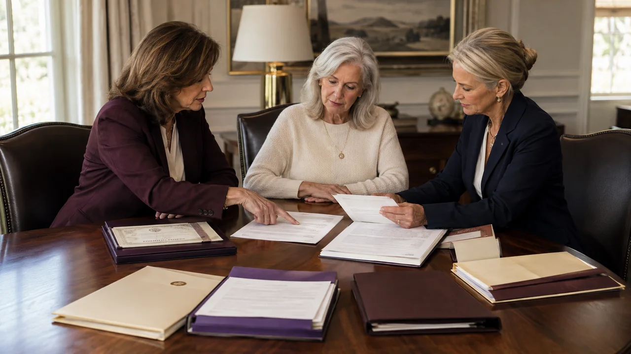 A widow, real-estate attorney, and title professional compare a deed with death, probate, mortgage, insurance, and recording documents