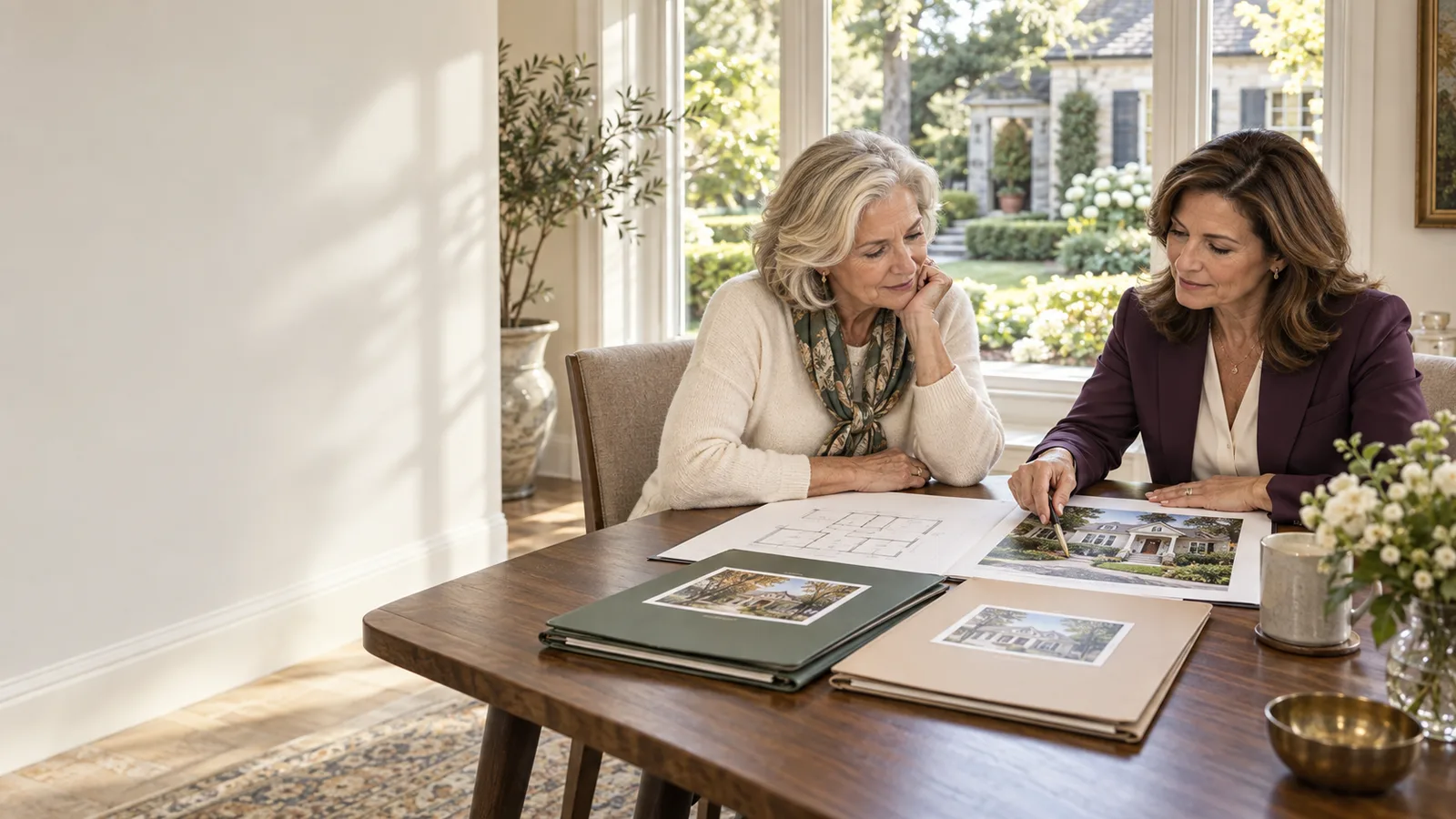 A widow and property-tax adviser reviewing an appraisal and floor plan with the rental house visible outside