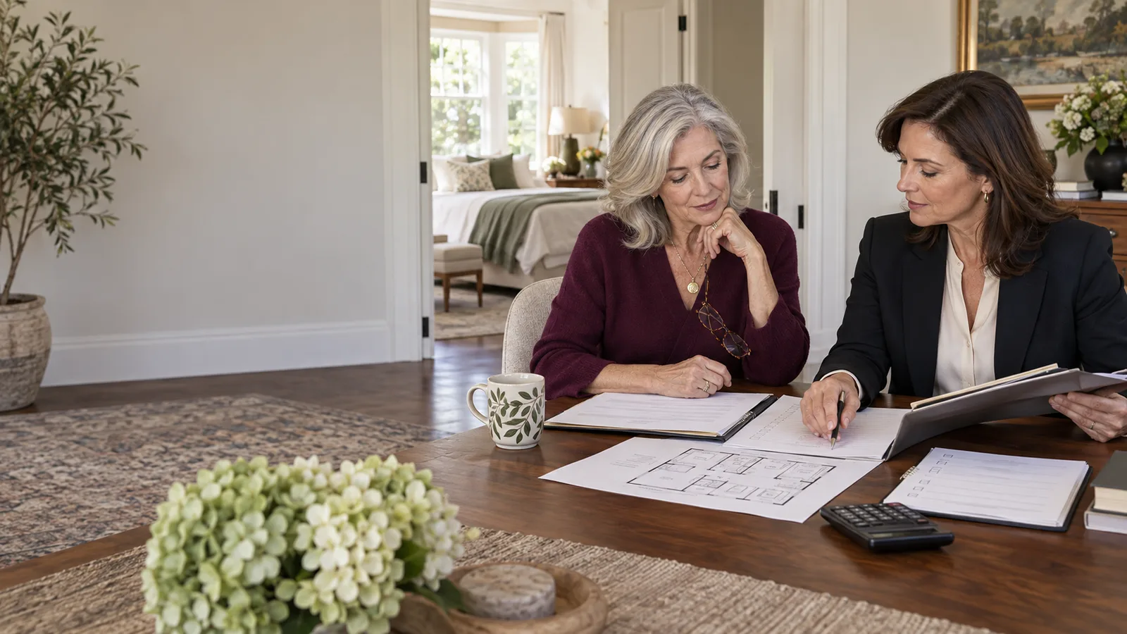 A widow and property manager review a lease, floor plan and insurance checklist beside a private guest suite.