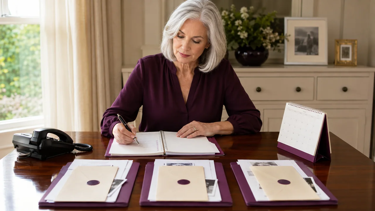 A mature widow organizes three groups of government notification documents beside a telephone and calendar.