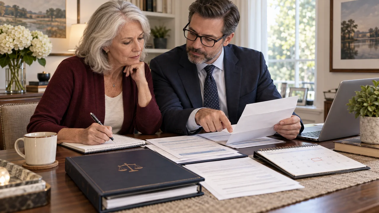 A widow and tax professional compare an IRS-style letter with a prior return, payment record, authority folder, and response calendar
