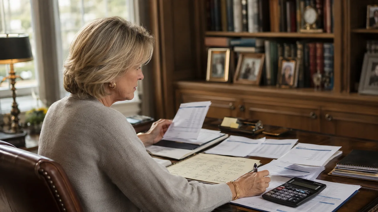 A mature widow reviews account statements, an asset map, and a calculator at a home-library desk.