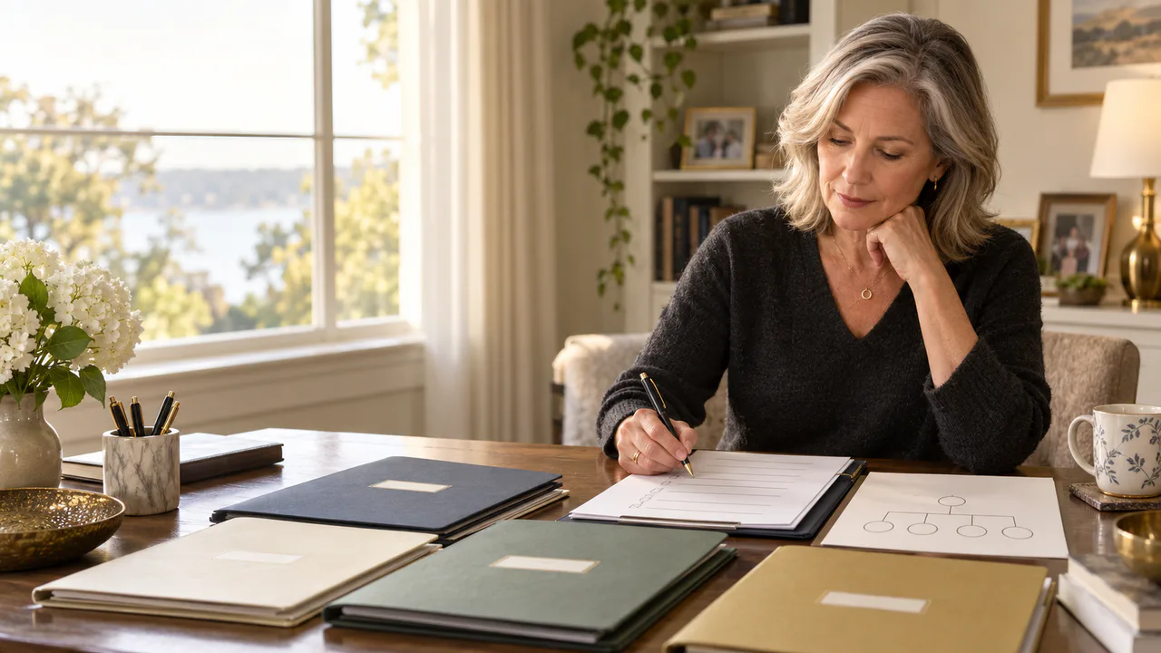A widow reviews account folders and a family diagram at her home-office desk.
