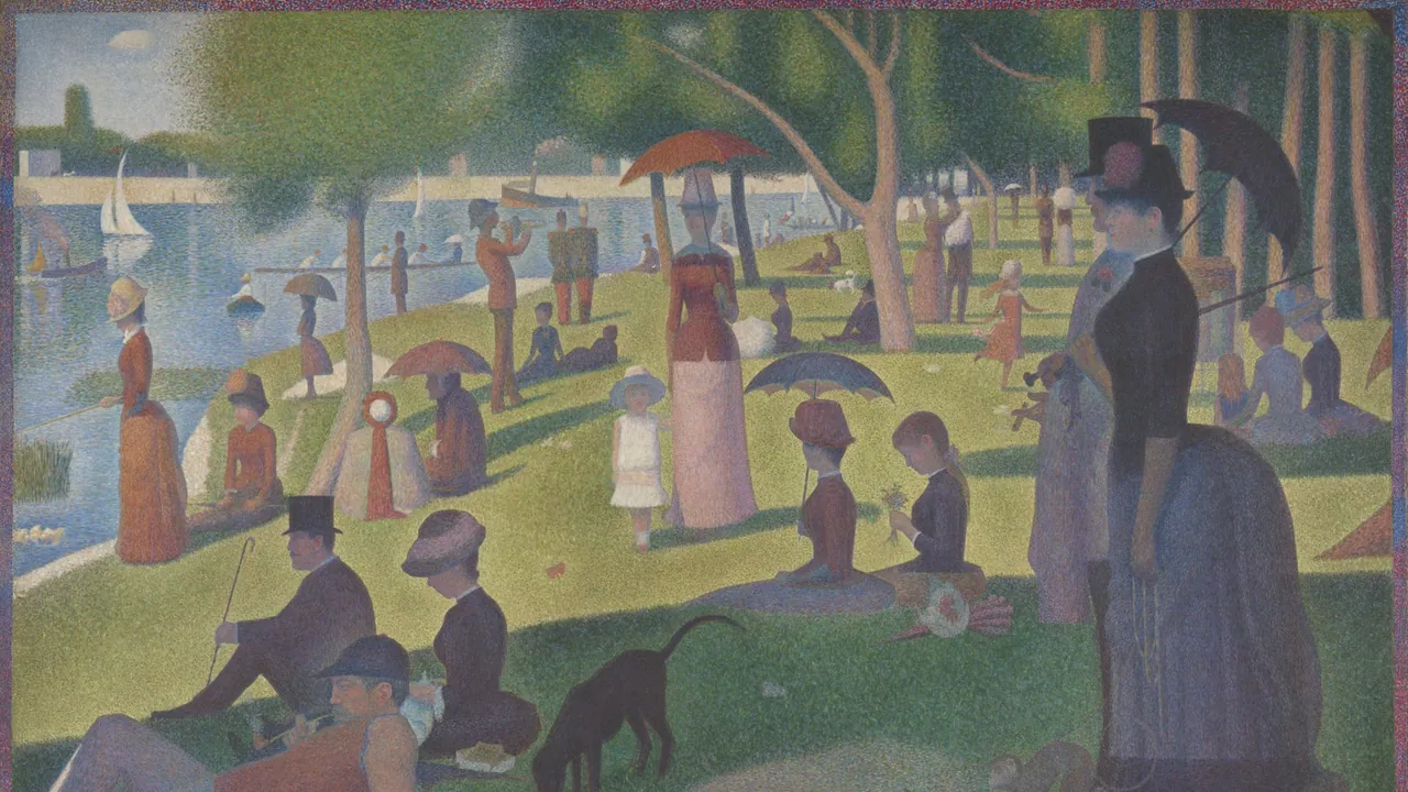 Pointillist painting of Parisians strolling and resting on a riverside lawn under trees, with parasols, sailboats, a dog and couples