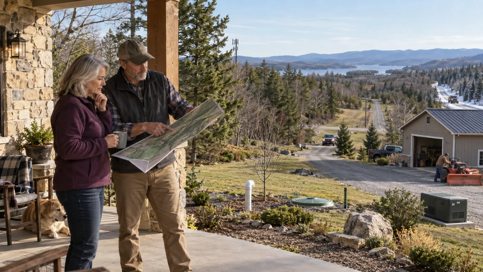 A widow and rural-property adviser reviewing access, utilities, outbuildings, snow equipment, and distance from services
