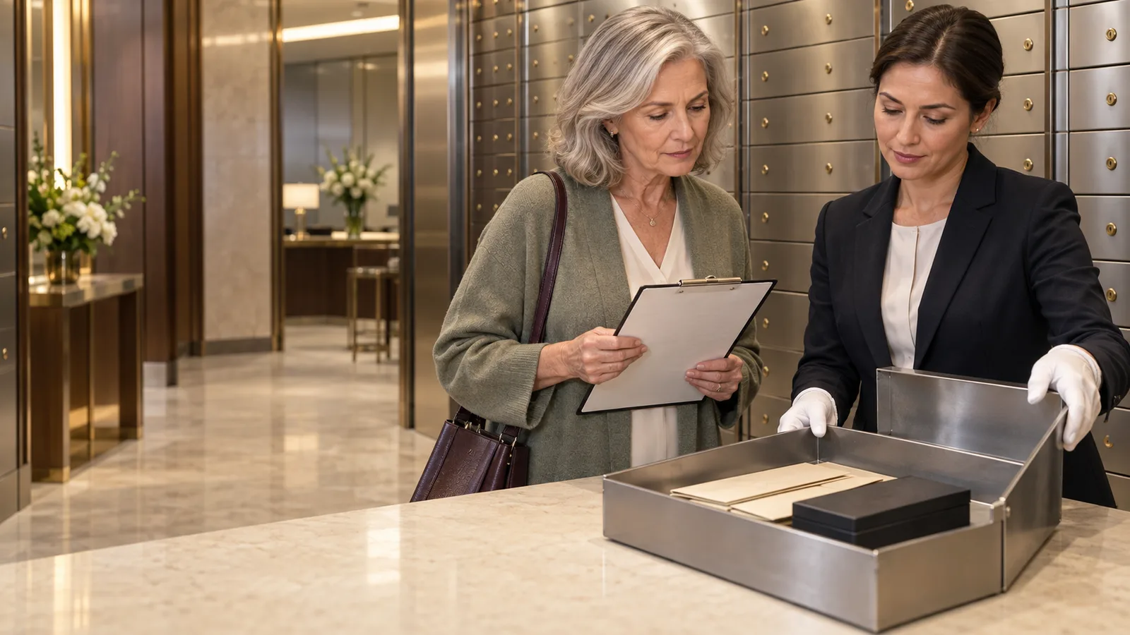 A mature widow and bank officer conduct a supervised safe-deposit box examination while using an inventory clipboard