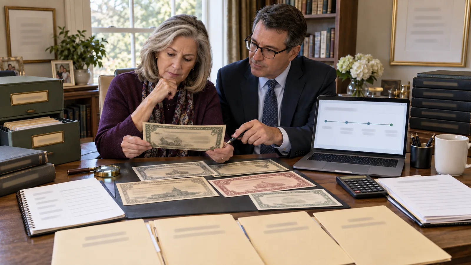 A widow and financial adviser reviewing vintage savings bonds, a secure account screen, an estate folder, and a maturity timeline