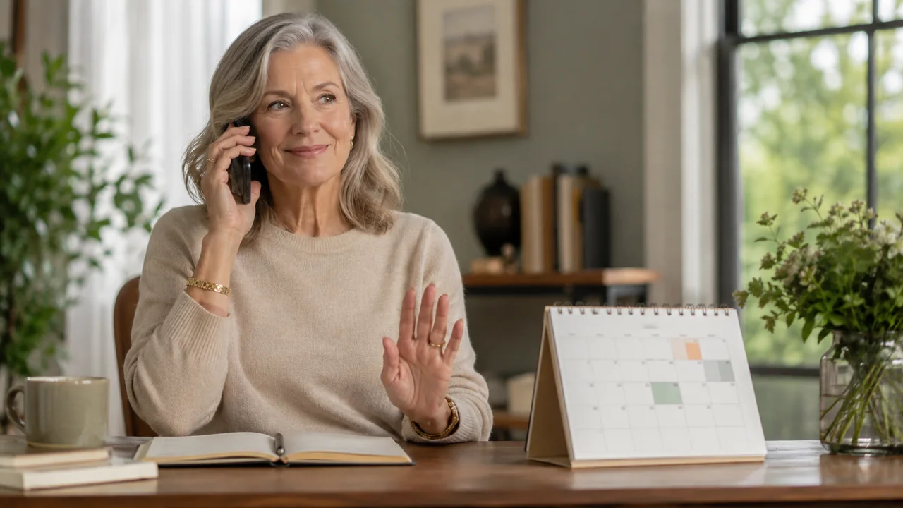 A woman calmly declines a request by phone while protecting open time in her calendar