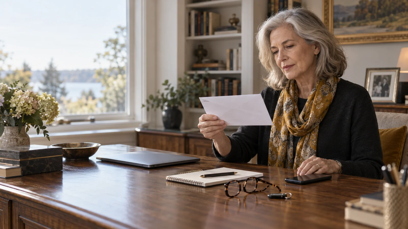 A recently widowed woman calmly reviews an unexpected letter at a secure home-office desk with her phone turned face down.