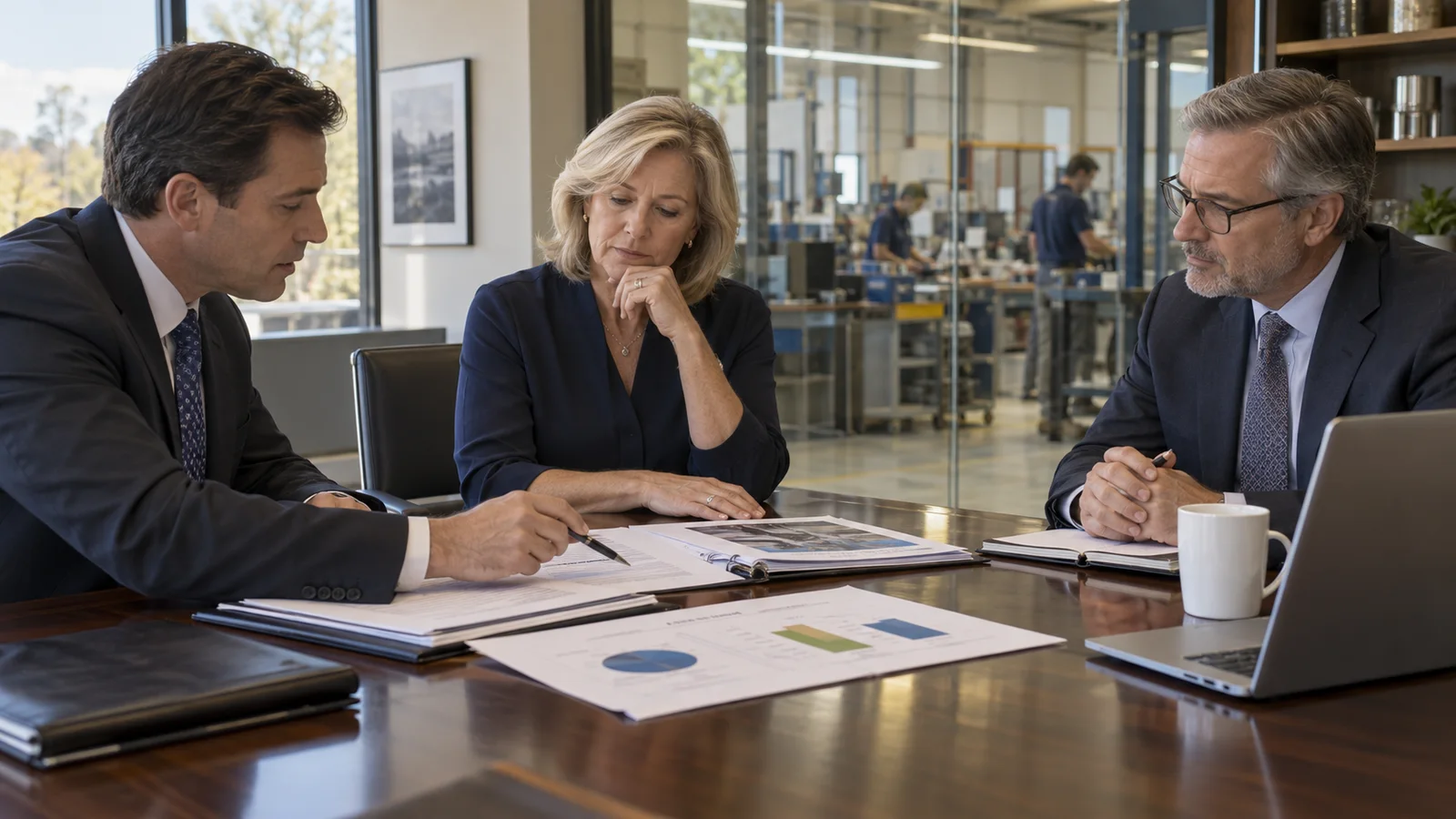 Widowed business owner reviewing a valuation and acquisition terms with legal and financial advisers beside the operating company.