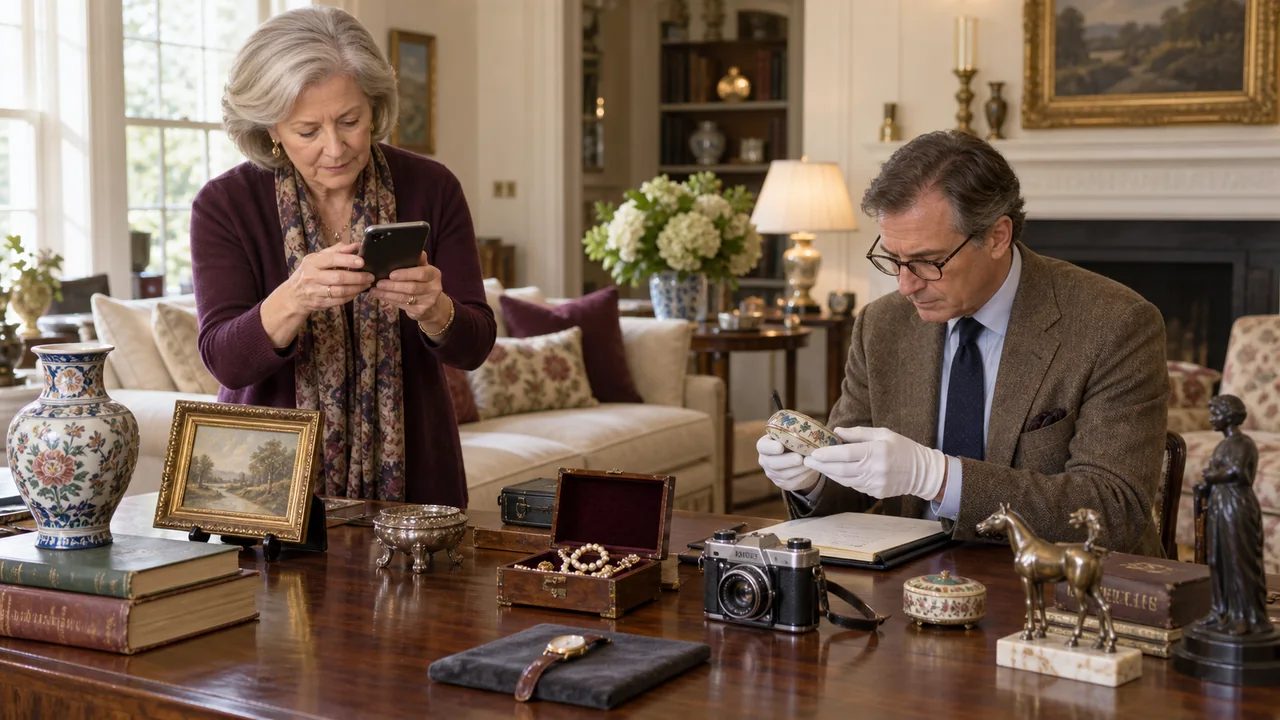 A widow photographs selected household possessions while an independent appraiser examines and records an item