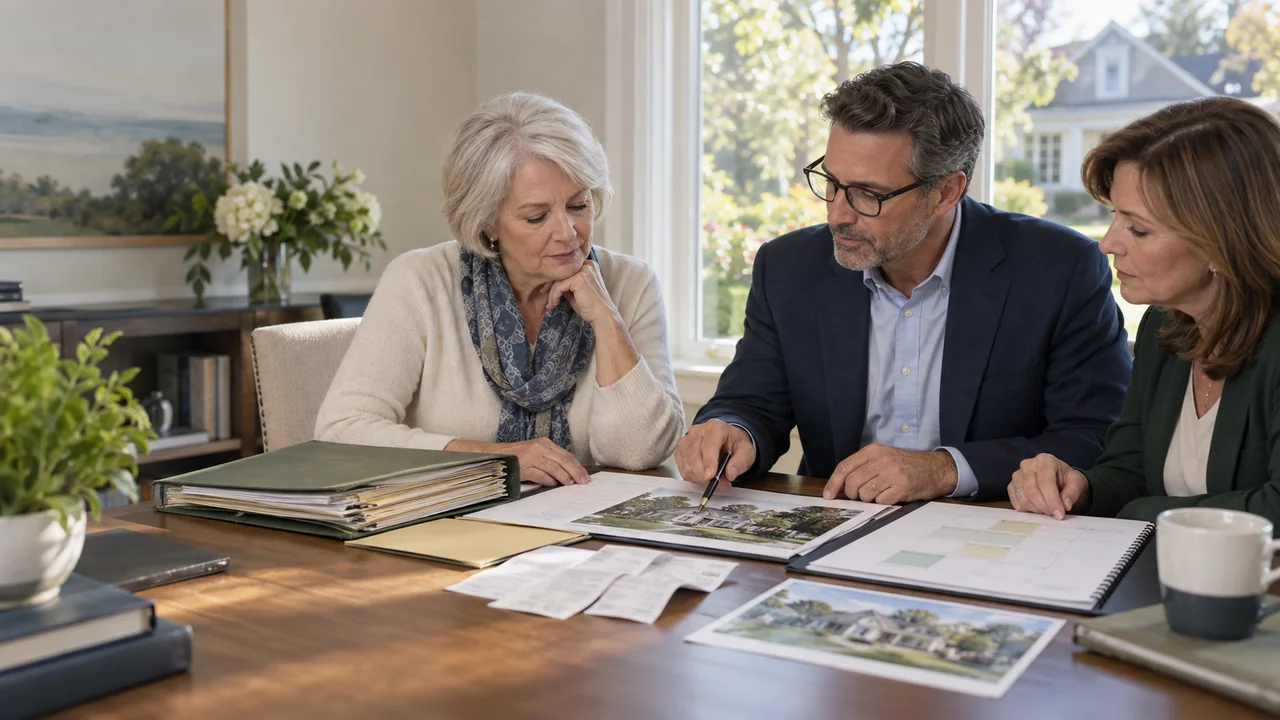 A widow, tax professional, and real-estate adviser review a home appraisal, improvement records, and sale timeline