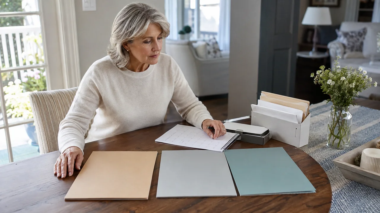 A mature widow compares a calendar with three planning folders while building a household cash-reserve plan.