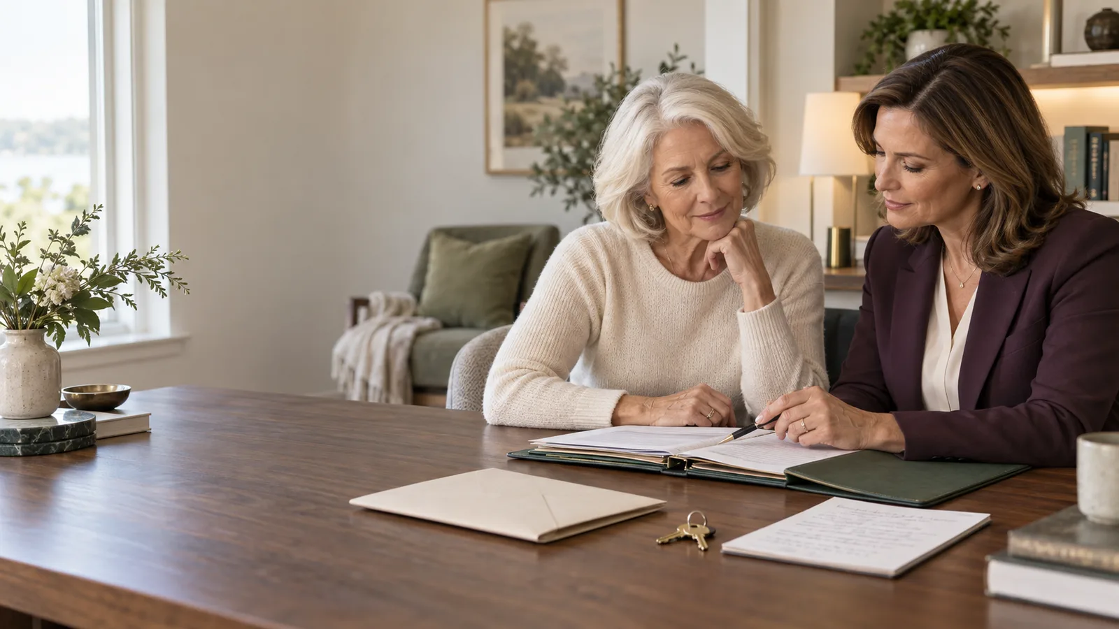 A widow and an estate adviser review an organized small-estate file at a quiet desk.