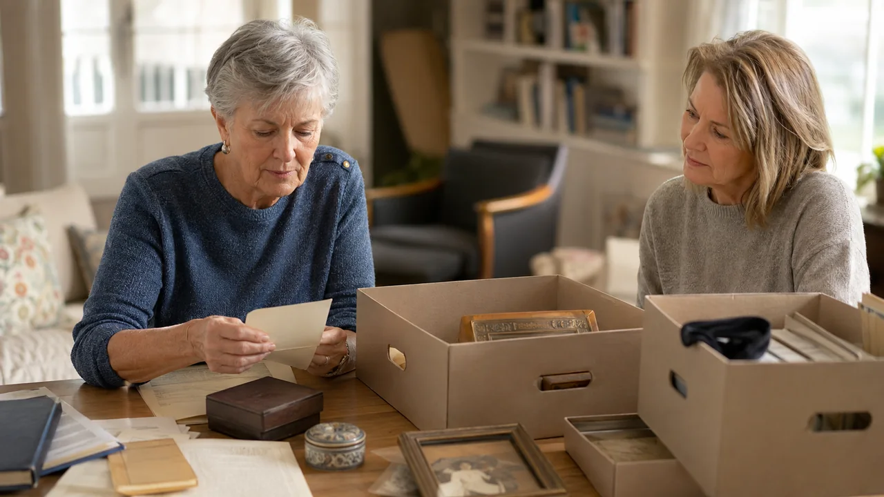 A woman and trusted friend slowly sort photographs, records, and keepsakes into separate boxes