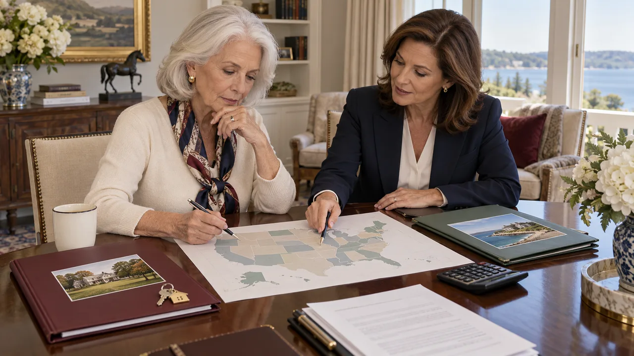 An older woman and her adviser compare a United States map, two property folders, estate documents, and a calculator at a home-office table.