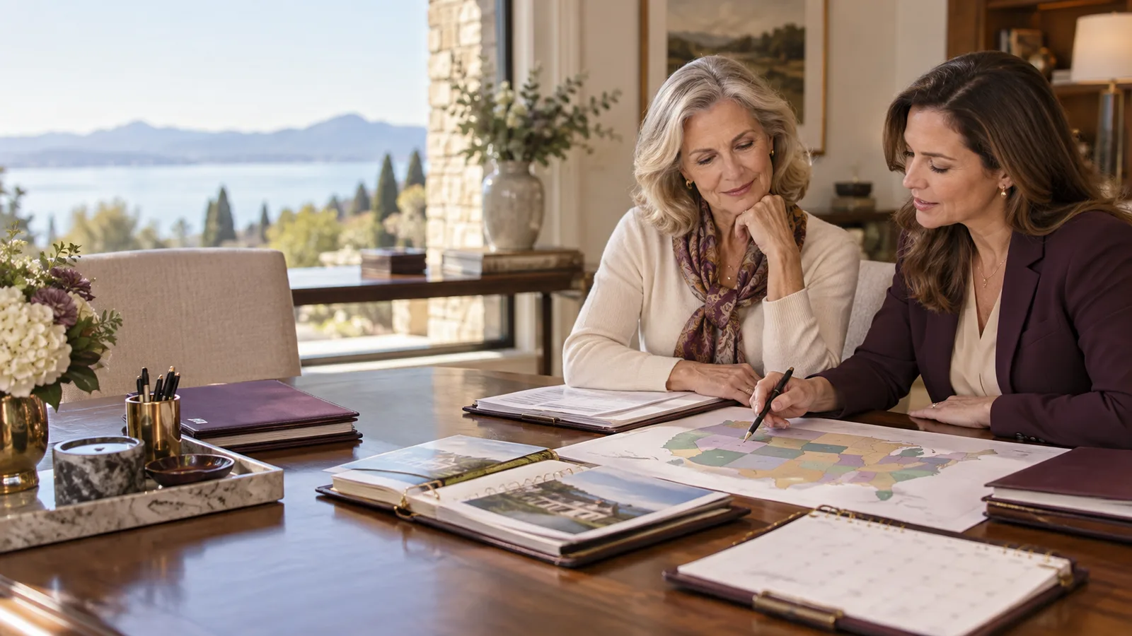 A widow and state-tax adviser reviewing a United States map and organized estate records at a home-office table.