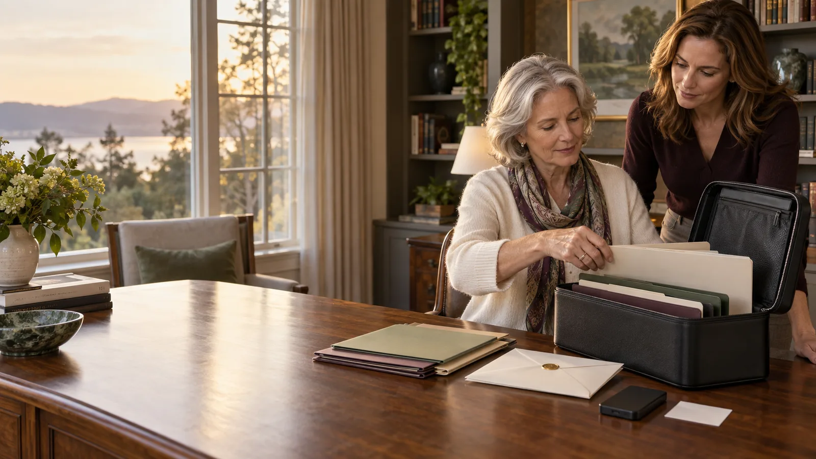 A widow and her chosen executor organizing estate documents in a protected archive case