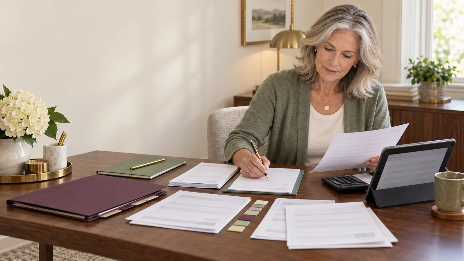 A mature widow classifies recurring charges while comparing account statements with a tablet and household-services folder