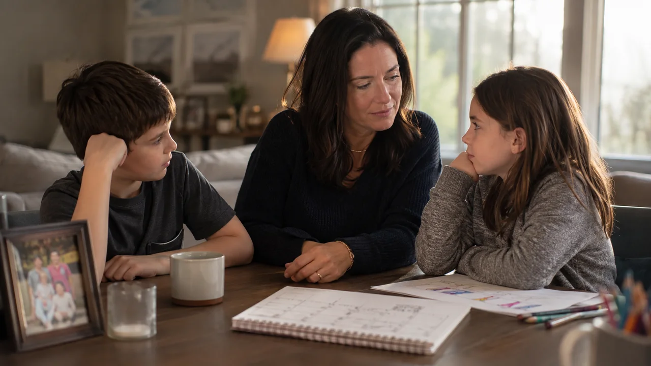 Widowed mother having an honest conversation with two school-age children at home