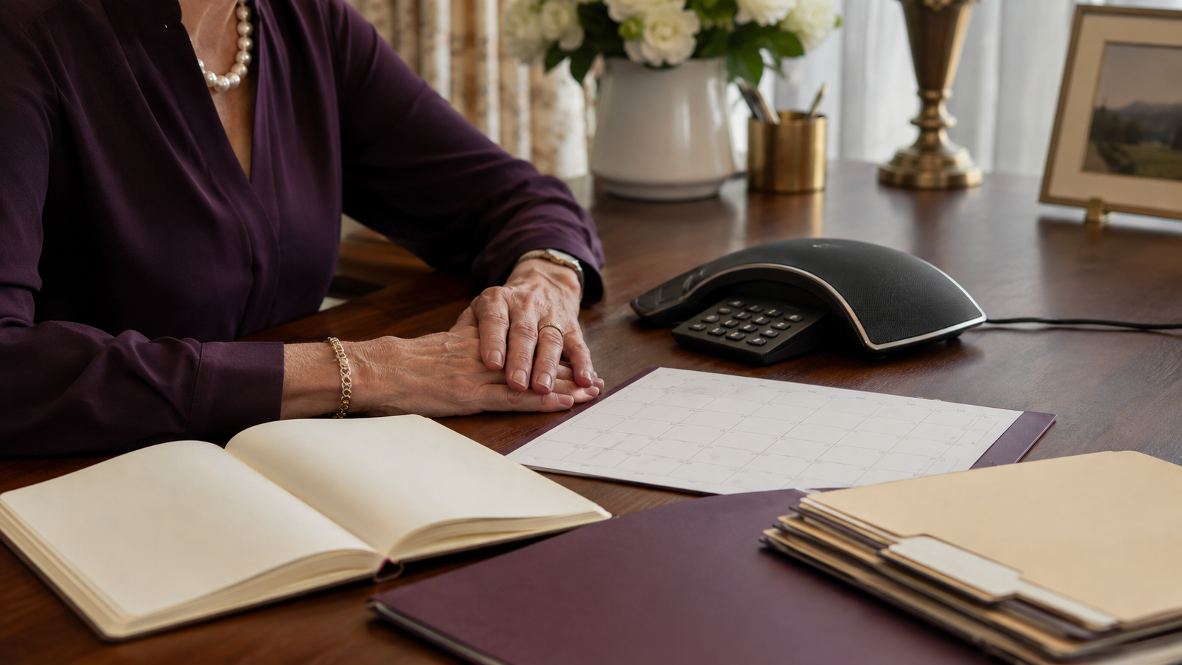 A mature woman planning a benefits call with a notebook, calendar, and telephone