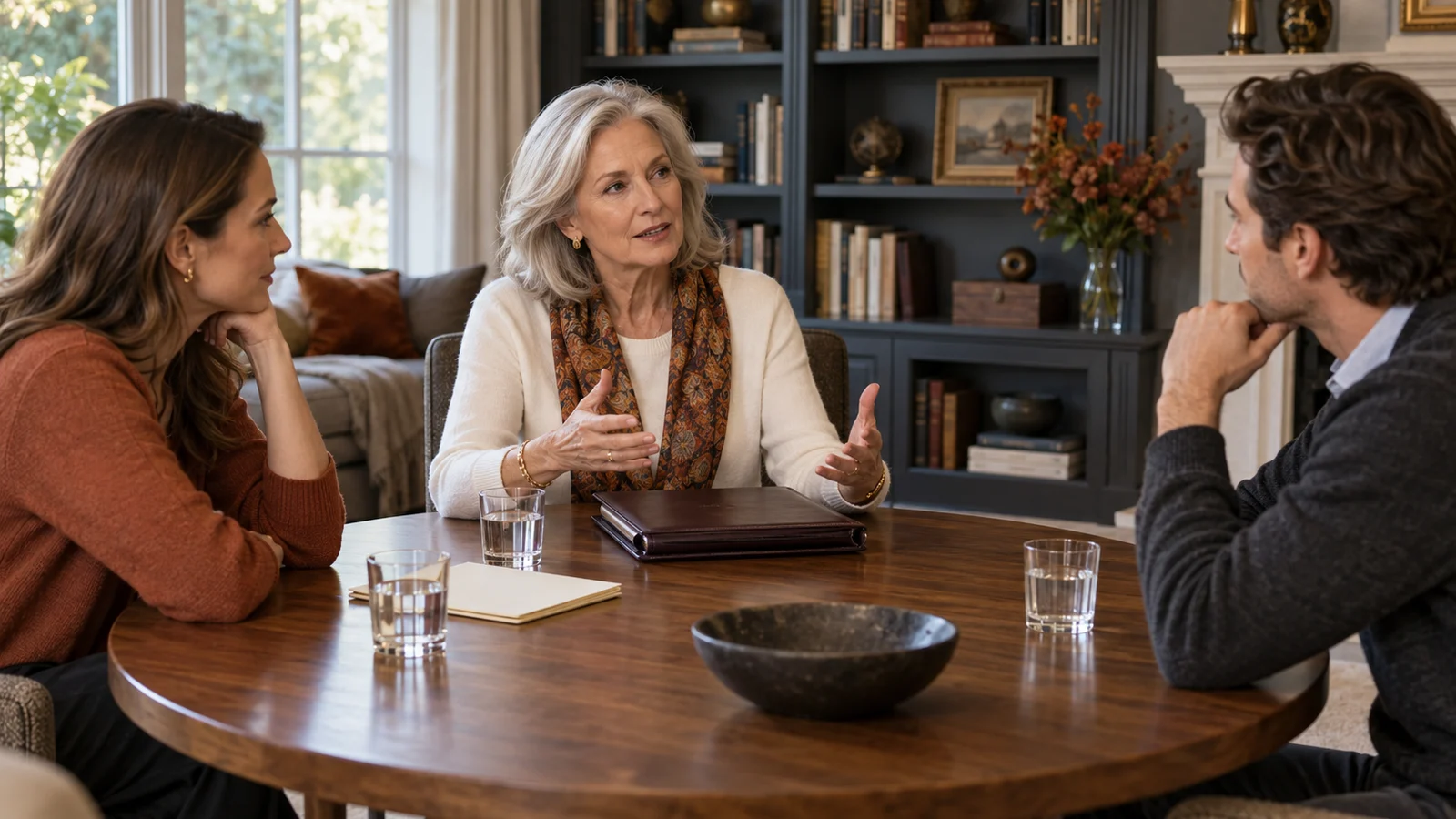 A widowed mother leads a calm financial conversation with her adult daughter and son around a round table in her home library.
