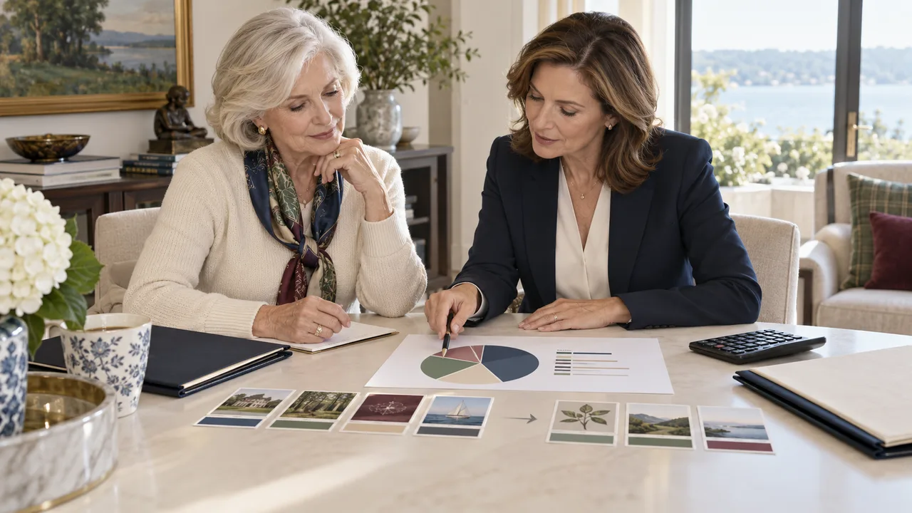 An older woman and her adviser review an asset-allocation chart and reorganize inherited investment lots at a bright home-office table.
