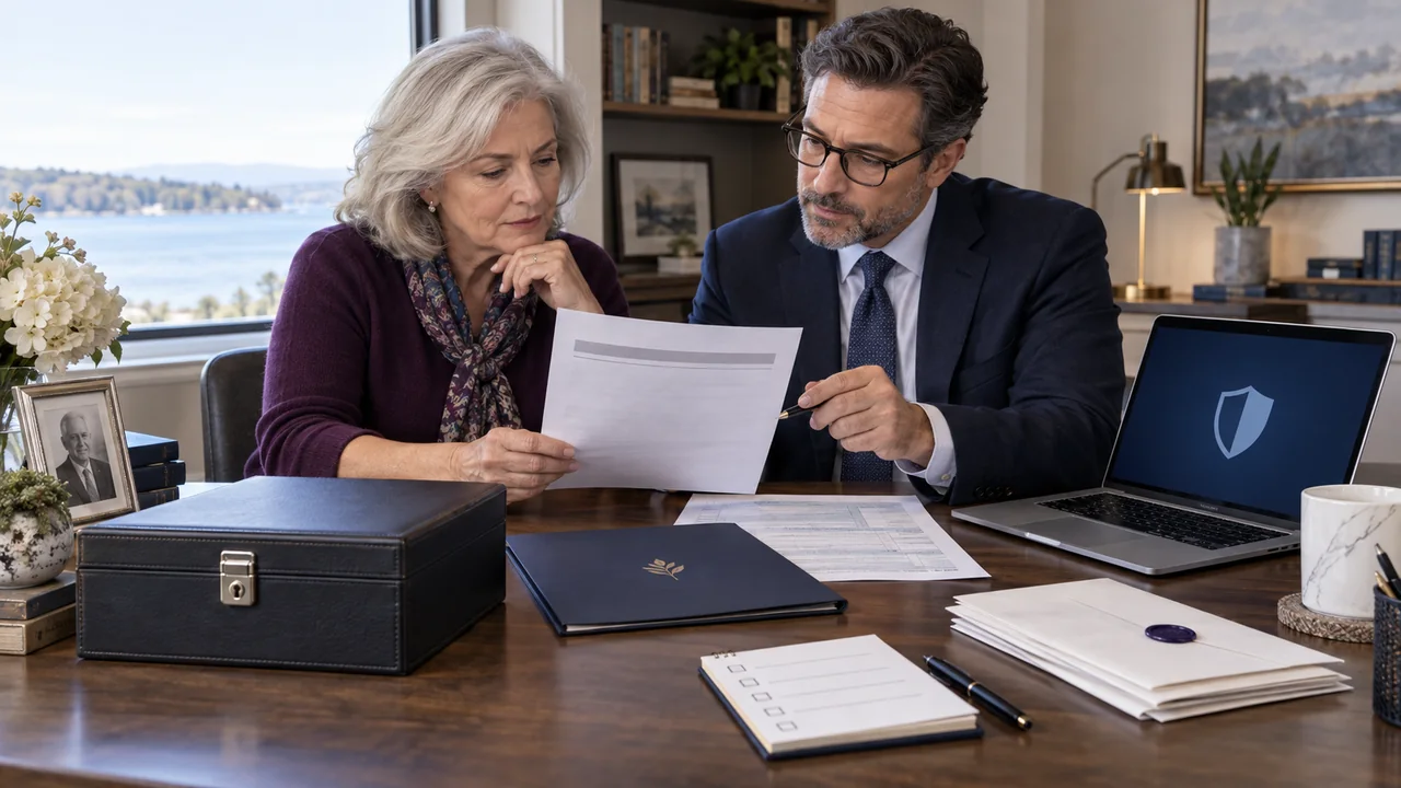 A widow and tax professional review an e-file rejection beside a locked records case, paper return, sealed mail, and secure laptop