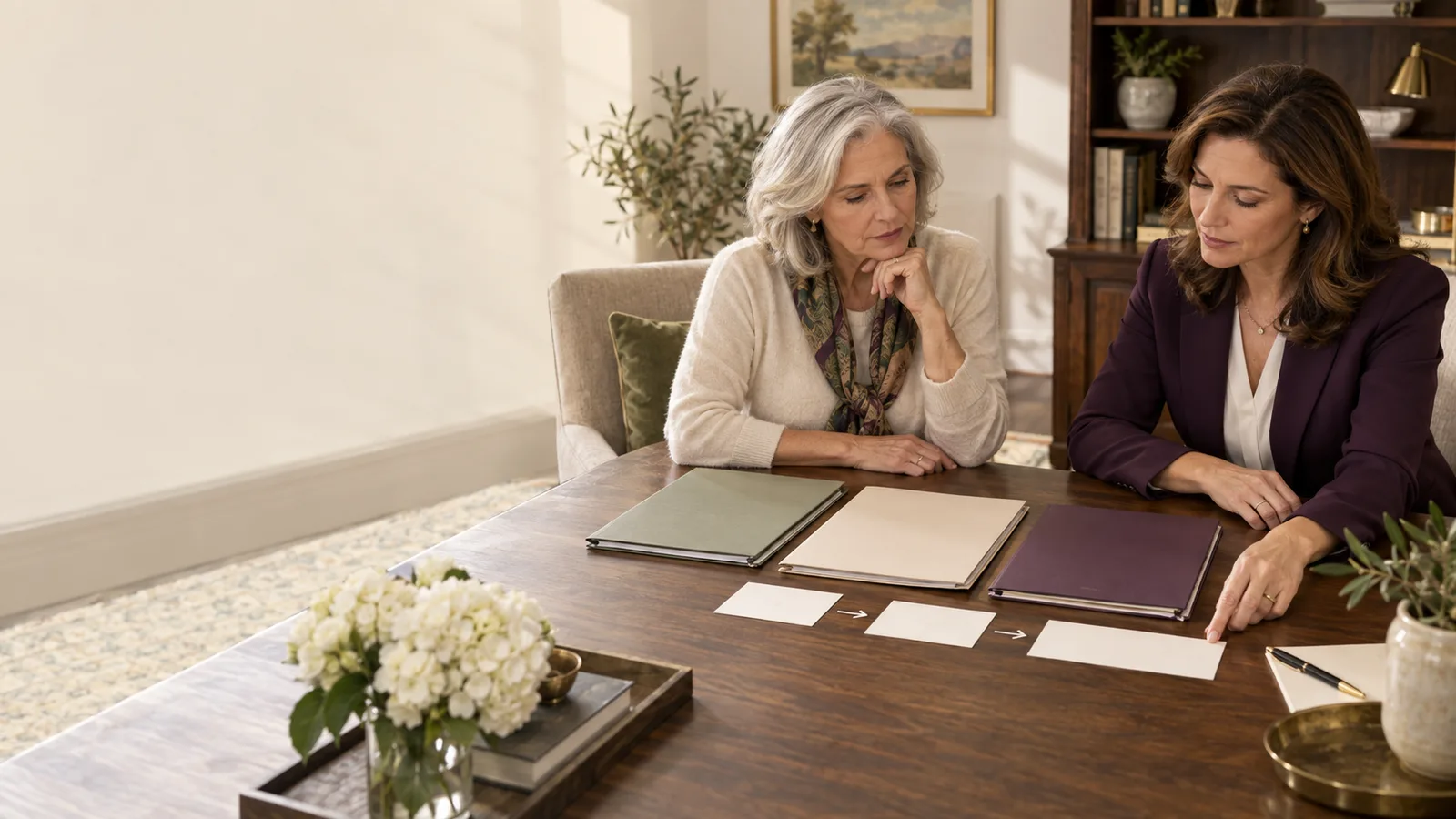 A widow and retirement-tax adviser comparing three account folders and a blank withdrawal sequence
