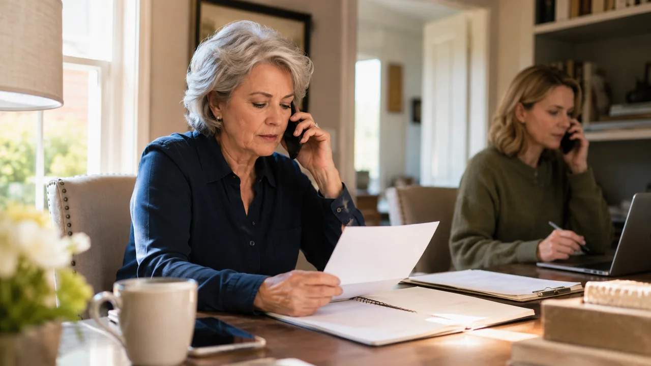 Widow using a prepared note during a phone call while a trusted relative handles another call