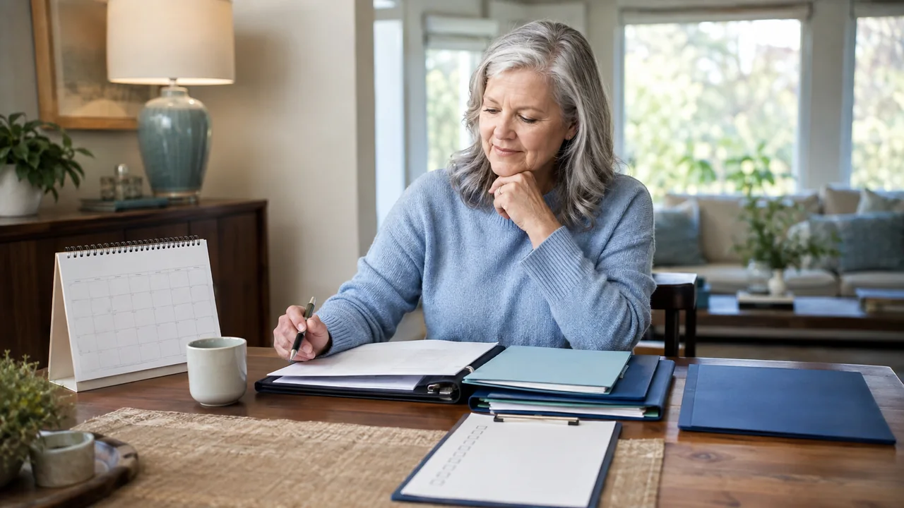 A mature widow reviews an annual calendar and organized financial folders at her dining table.