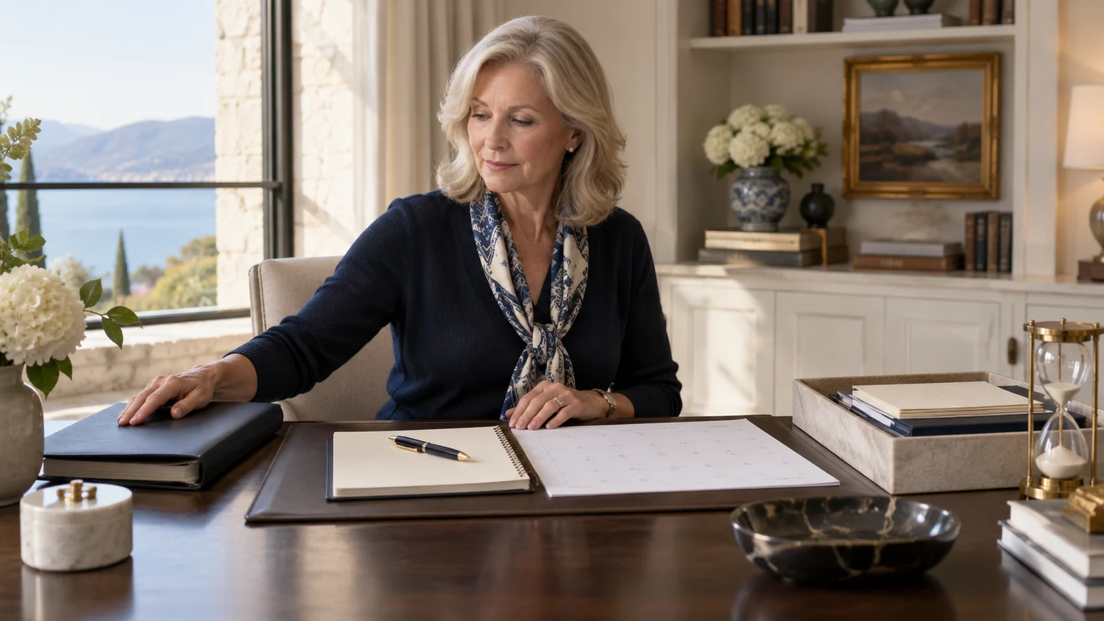 A widowed woman calmly sets aside a closed investment proposal while reviewing a blank calendar and organized urgent-document tray.
