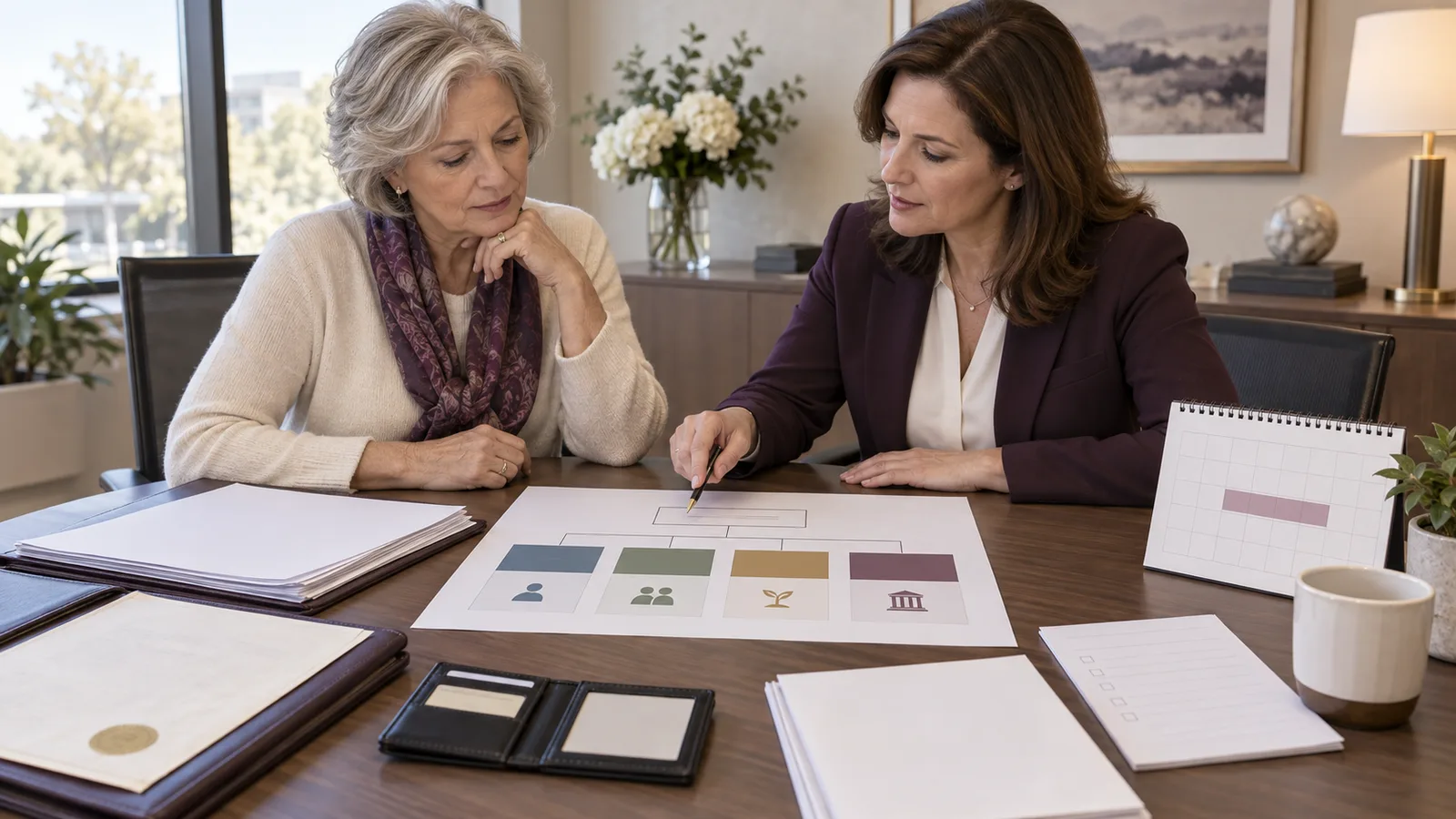 A widow and bank officer reviewing an account-ownership map, recurring payments, identity documents, and a calendar