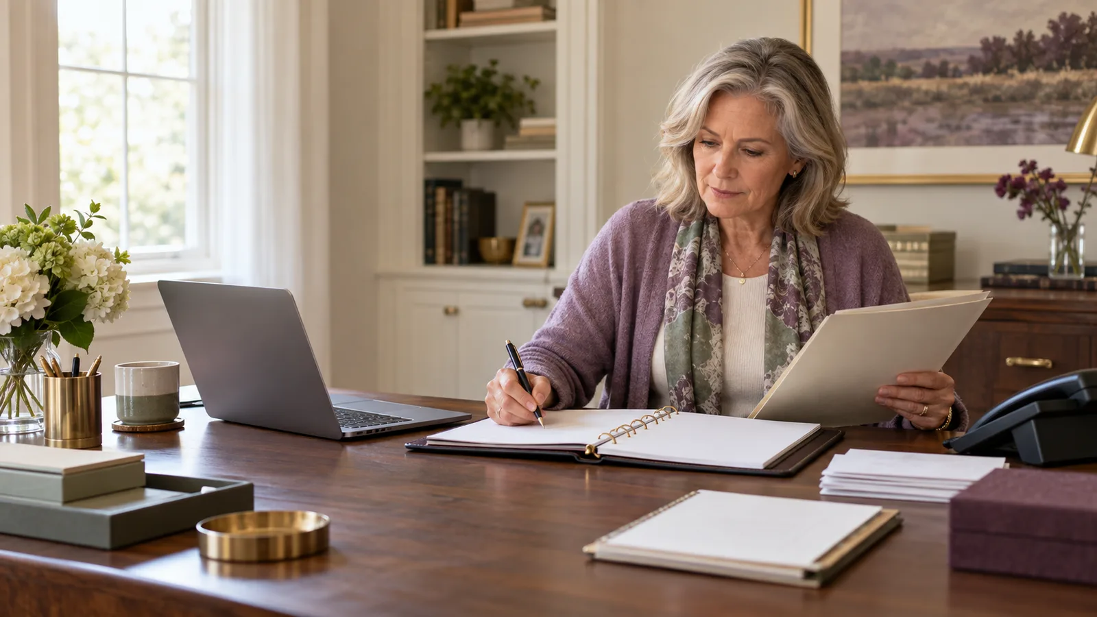 A mature widow records an estate decision while comparing an organized binder with documents in her home office