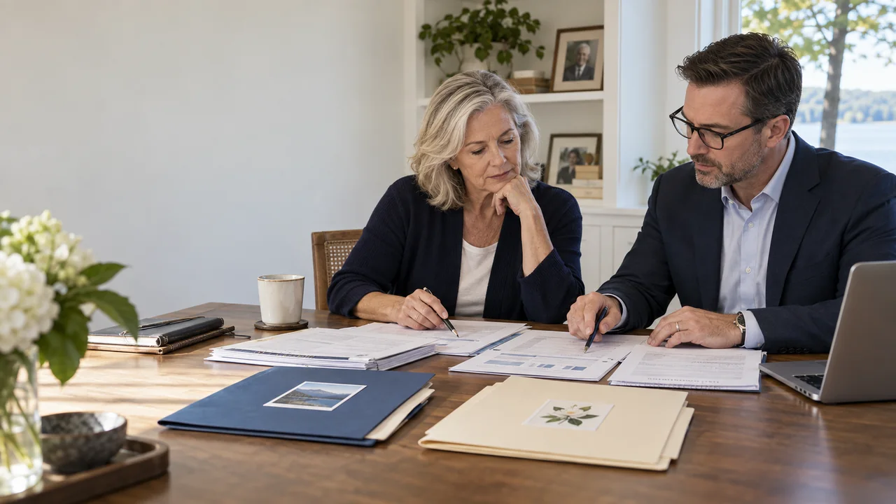 A widow serving as executor reviews separate estate income-tax records with a tax professional
