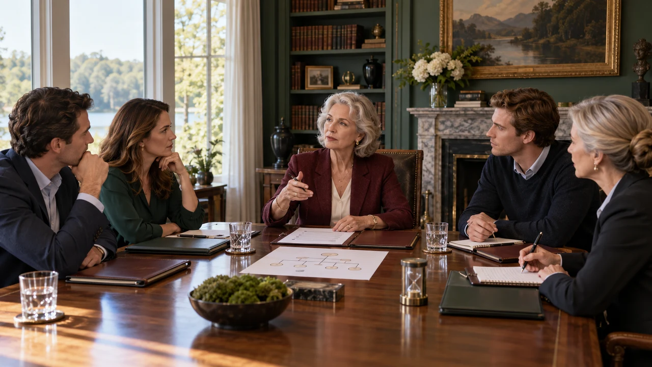 A widowed family matriarch leads a structured wealth-governance meeting with her adult children and an independent facilitator.